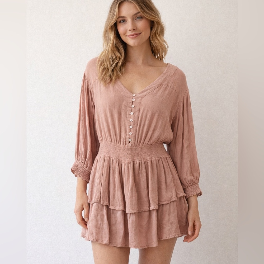 Mustard Seed Smocked Ruffle Tier Dress Dusty Rose Boho Cottagecore Mini Small